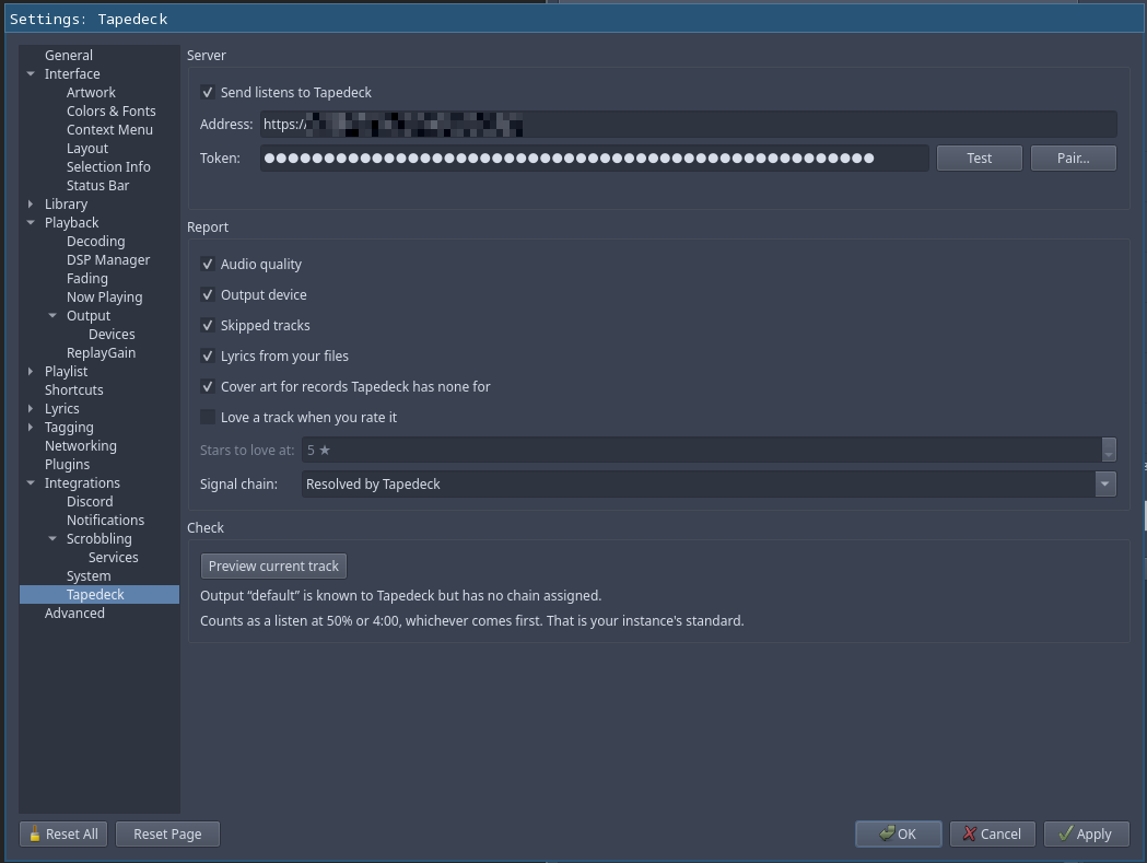 The Tapeout settings page in fooyin. A Server group with the Send listens to Tapedeck checkbox, an address, a token, and Test and Pair buttons. A Report group with checkboxes for audio quality, output device, skipped tracks, lyrics, cover art and loves, a Stars to love at field, and a Signal chain picker reading 
